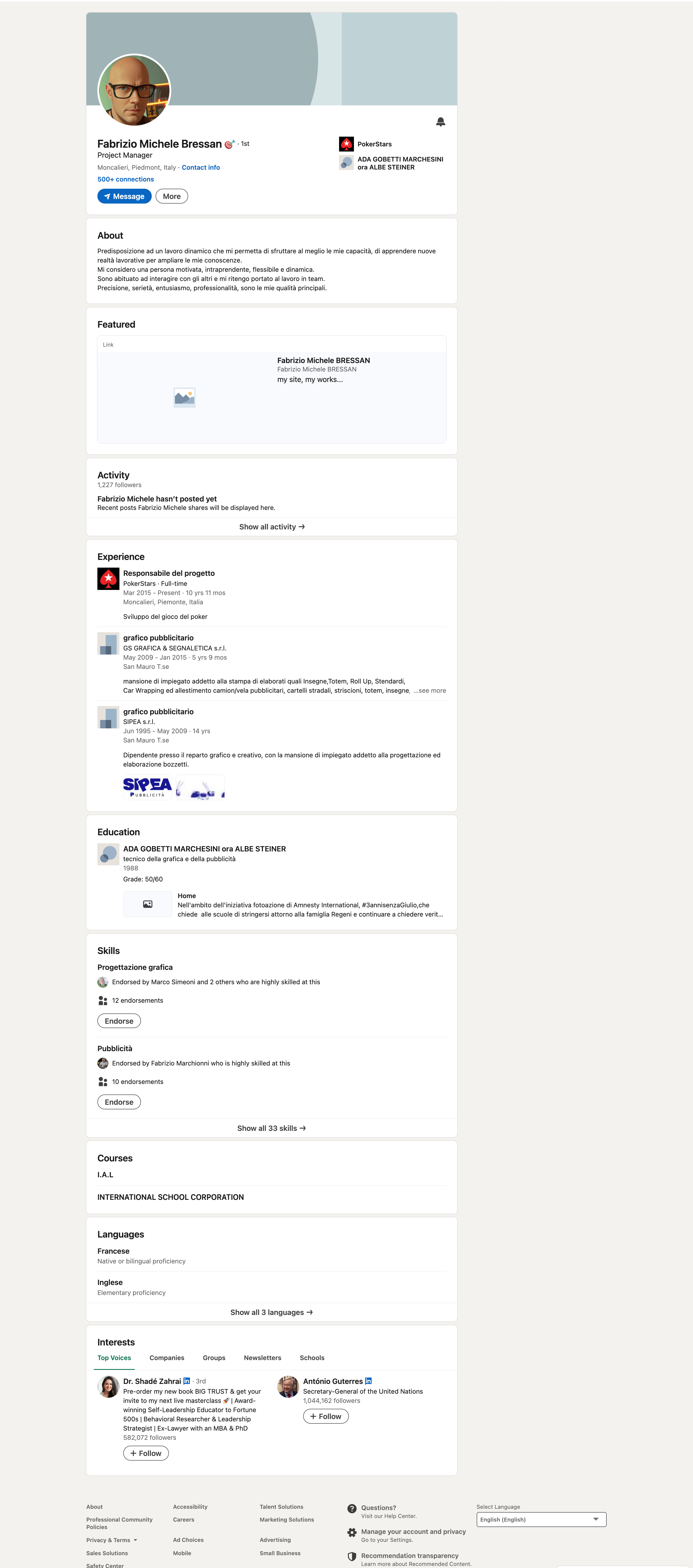 Screenshot profilu Fabrizio na LinkedIn